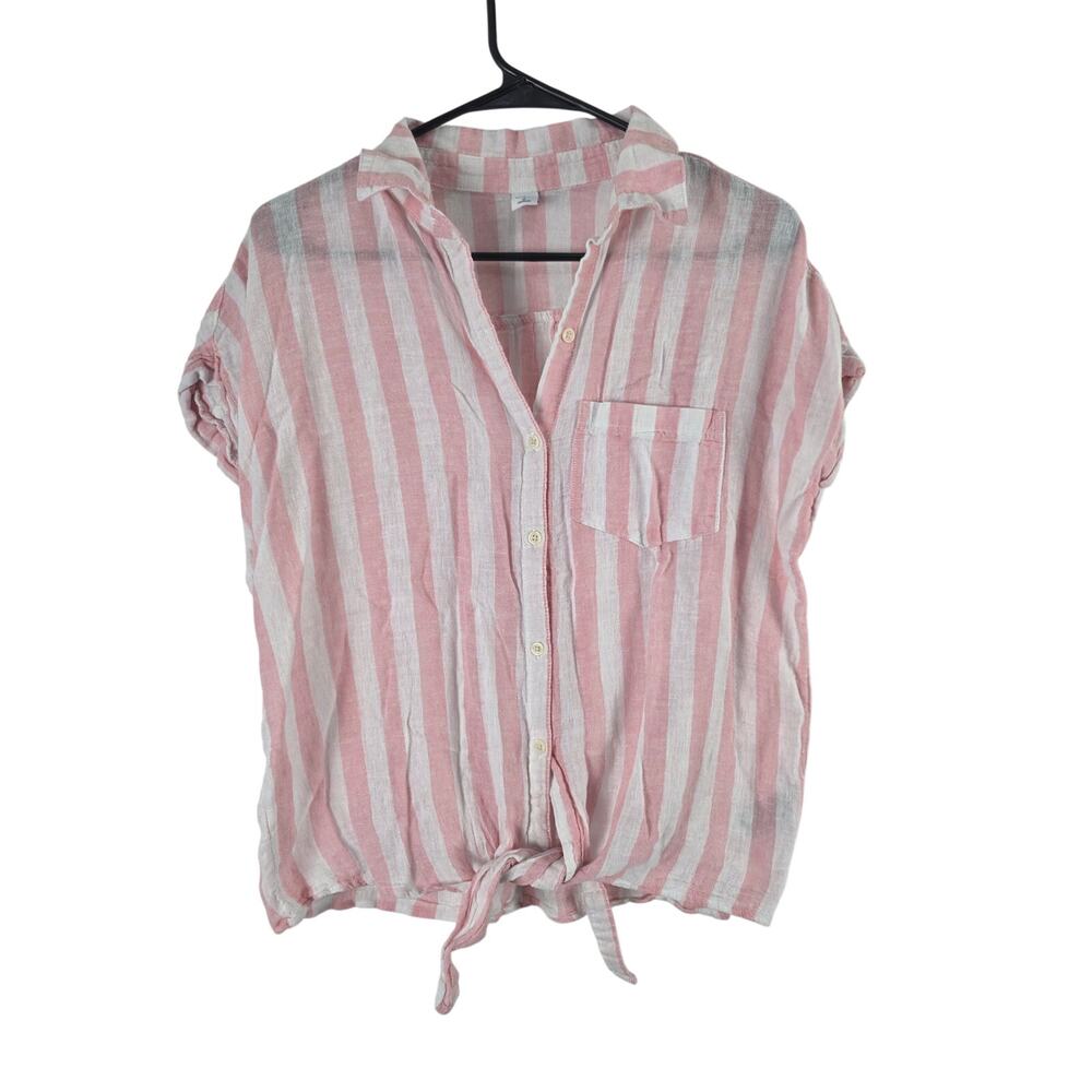 Old Navy Linen Blend Button Tie Front Top M Womens Pink White Striped Cap Sleeve